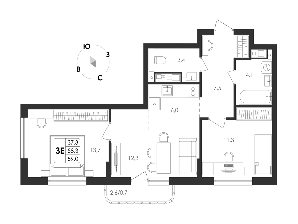 3-комнатная, 59 м2, ЖК «Циолковский»