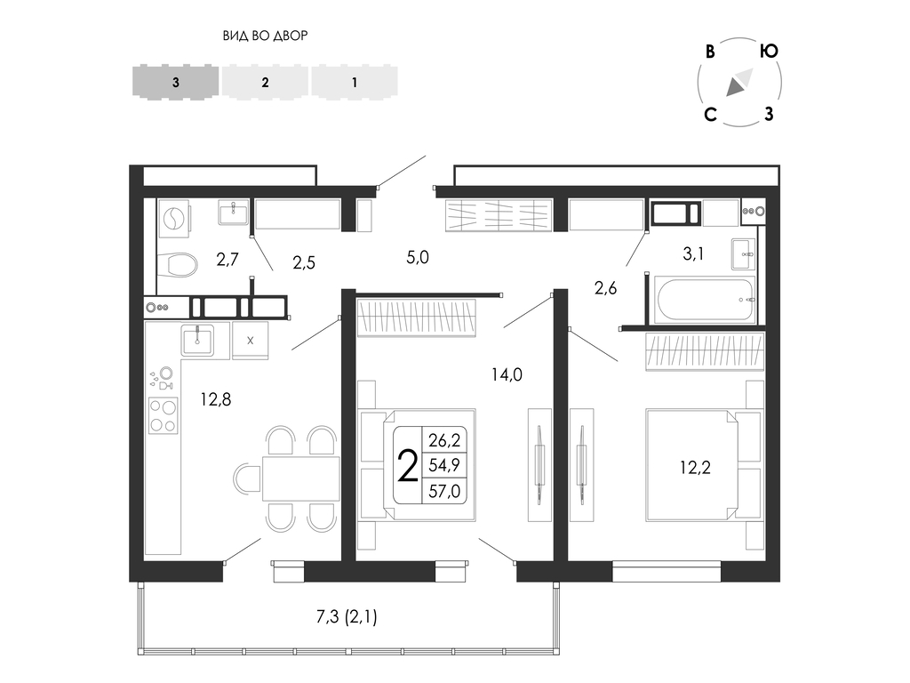 2-комнатная квартира, 57 кв.м, ЖК «Счастье» 2-комнатная квартира, 57 кв.м, ЖК «Счастье»