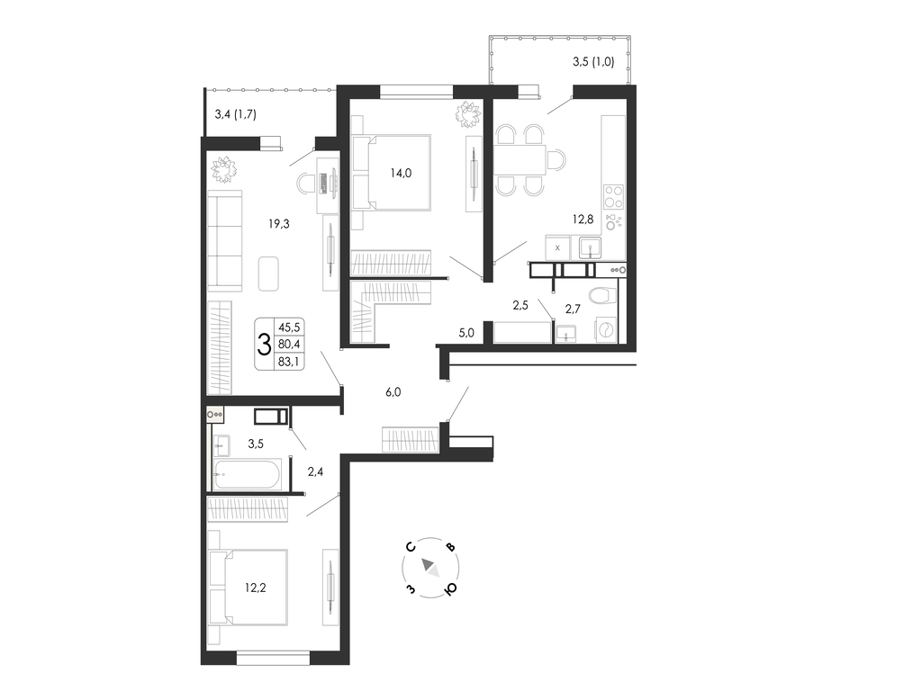 3-комнатная, 83.1 м², 6 этаж из 7, ЖК «Счастье»