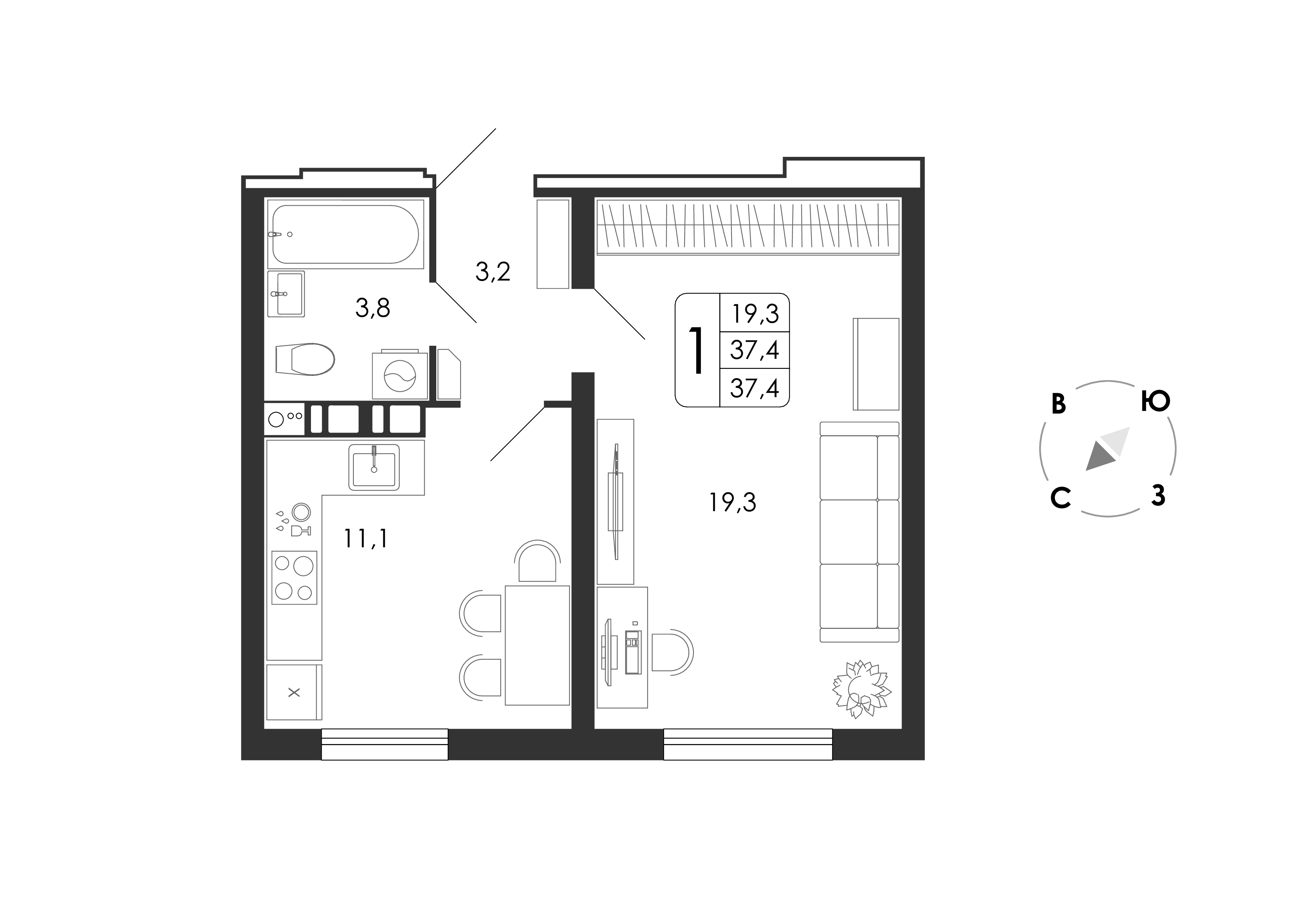 1-комнатная, 37.4 м², 1 этаж из 7, ЖК «Счастье» 1-комнатная, 37.4 м², 1 этаж из 7, ЖК «Счастье»