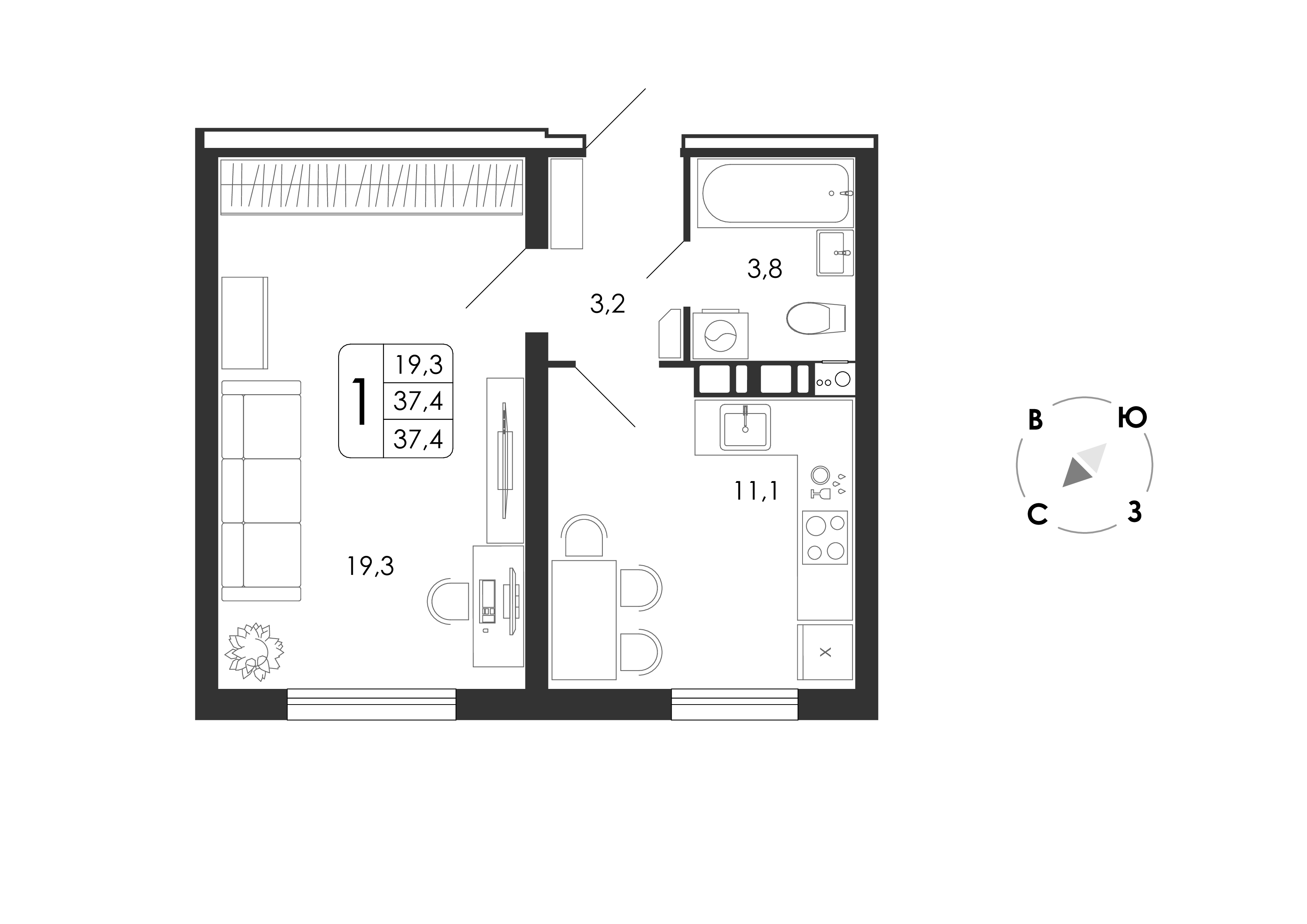 1-комнатная, 37.4 м², 1 этаж из 7, ЖК «Счастье» 1-комнатная, 37.4 м², 1 этаж из 7, ЖК «Счастье»