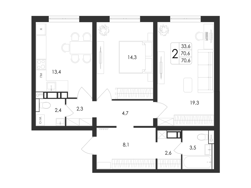 2-комнатная квартира, 70.6 кв.м, ЖК «Май» 2-комнатная квартира, 70.6 кв.м, ЖК «Май»