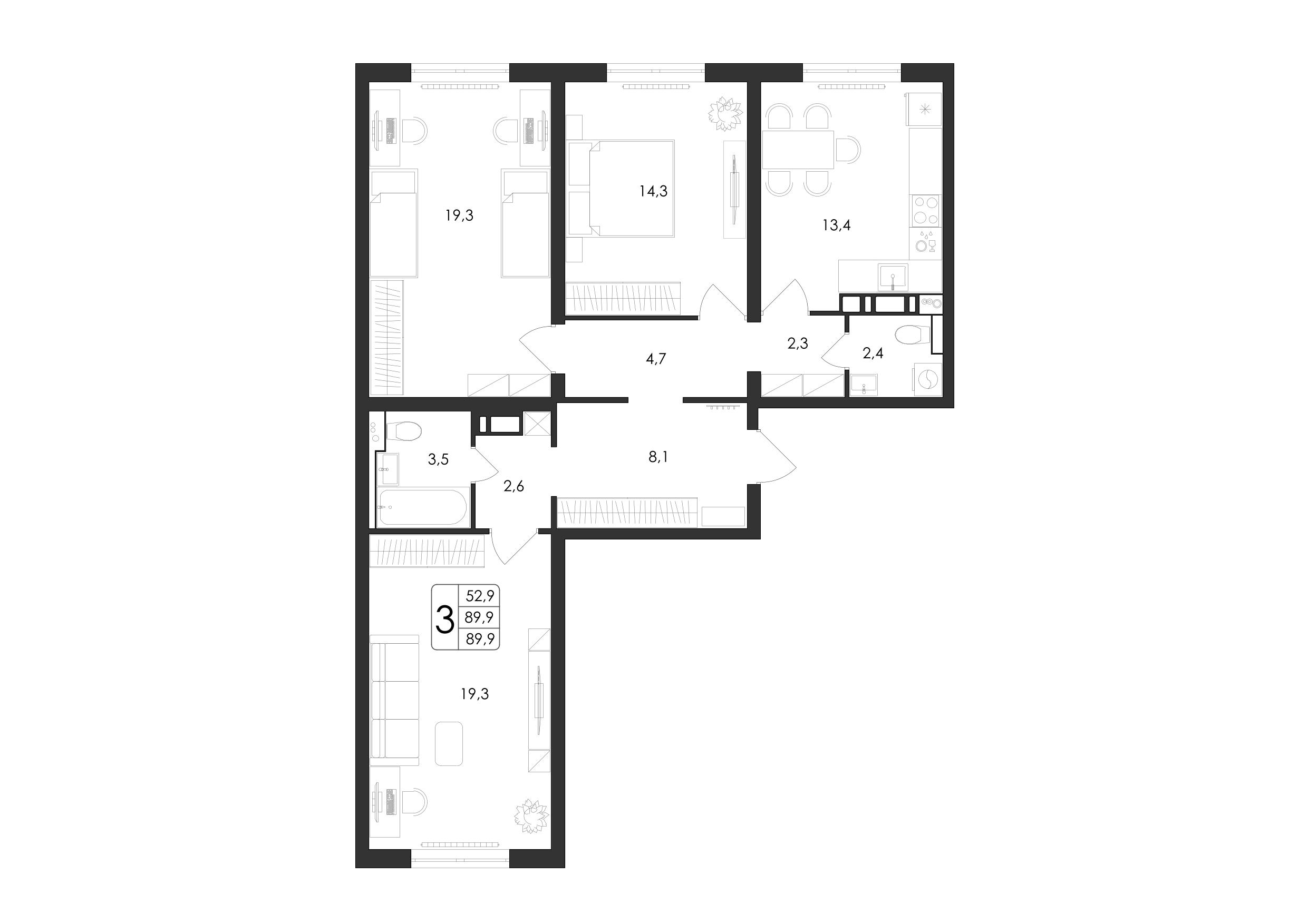 3-комнатная квартира, 89.9 кв.м, город-парк «Яблоневые сады» 3-комнатная квартира, 89.9 кв.м, город-парк «Яблоневые сады»