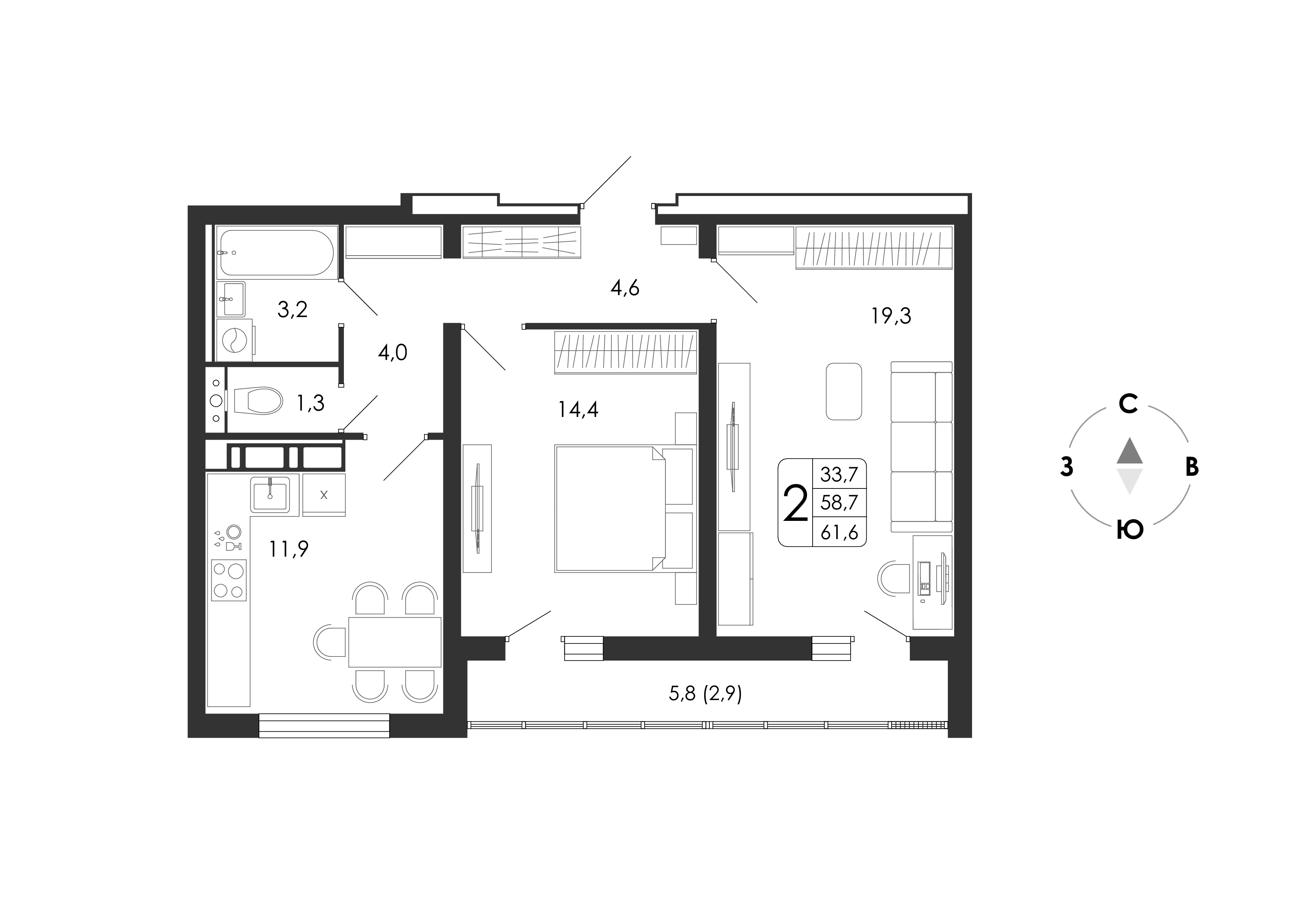2-комнатная квартира, 61.6 кв.м, город-парк «Яблоневые сады» 2-комнатная квартира, 61.6 кв.м, город-парк «Яблоневые сады»