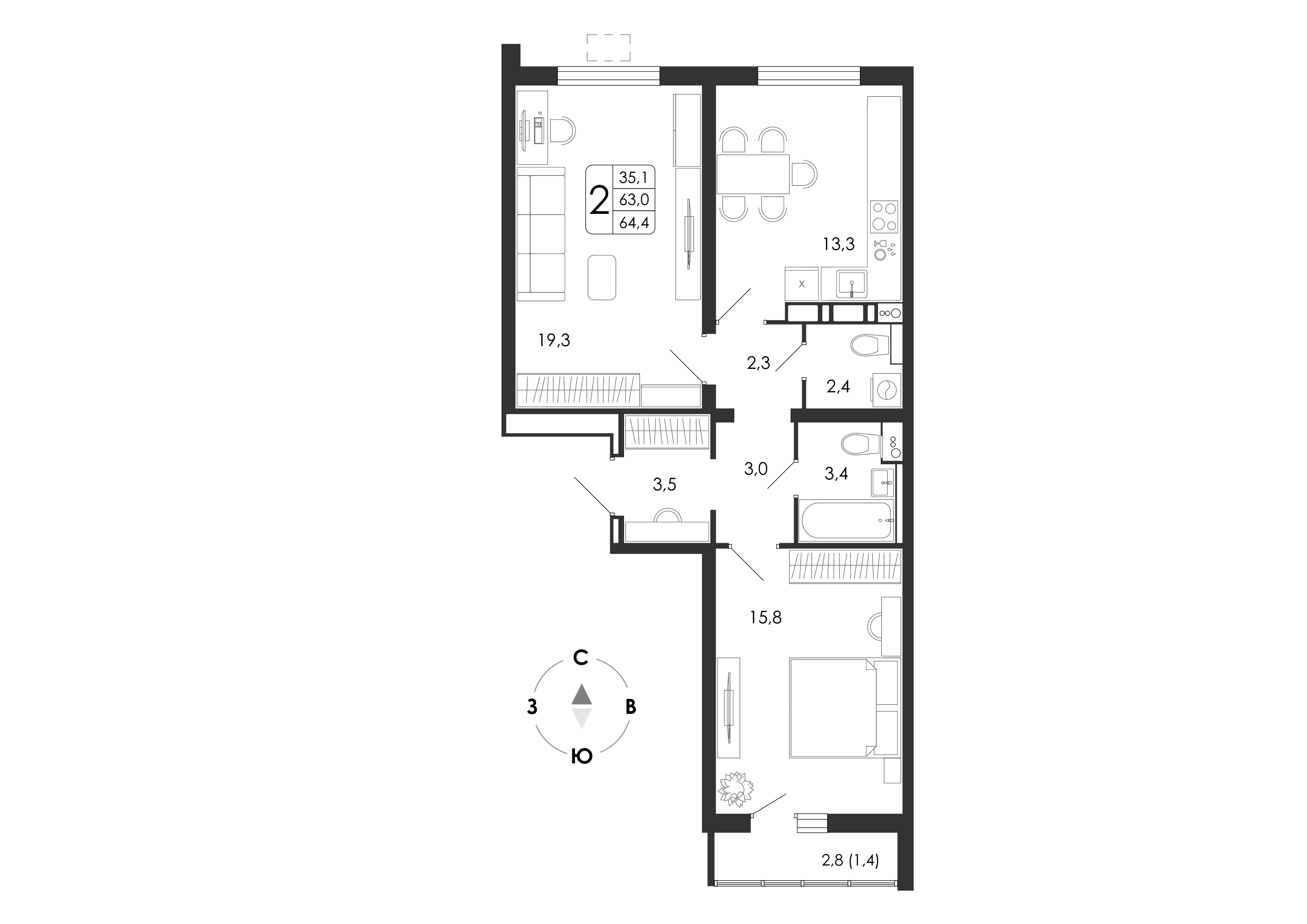 2-комнатная, 64.4 м², 11 этаж из 17, город-парк «Яблоневые сады»