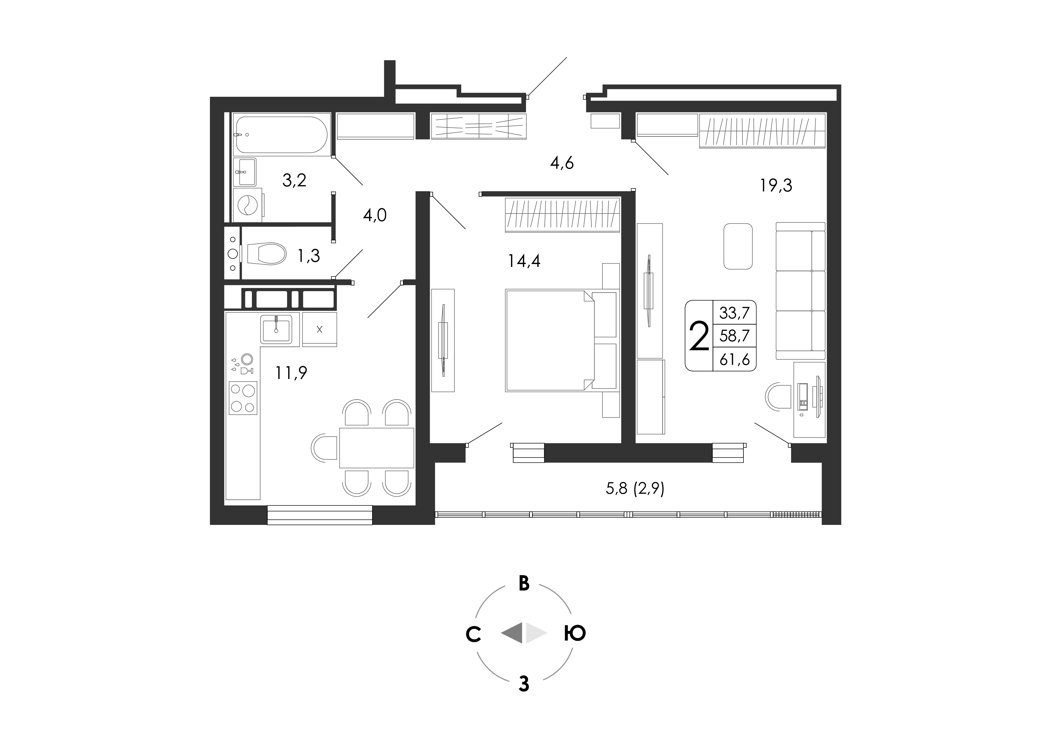 2-комнатная, 61.6 м2, город-парк «Яблоневые сады»