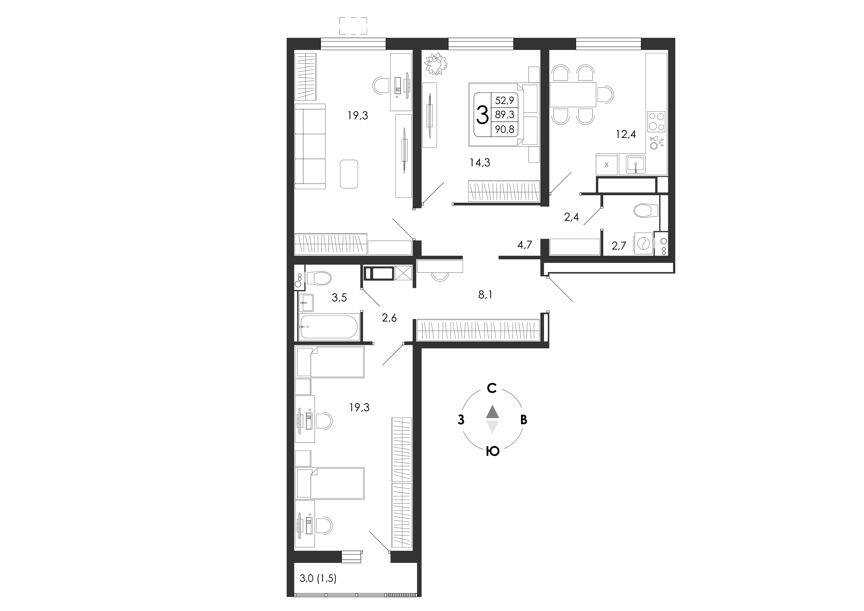 3-комнатная, 90.8 м2, город-парк «Яблоневые сады»