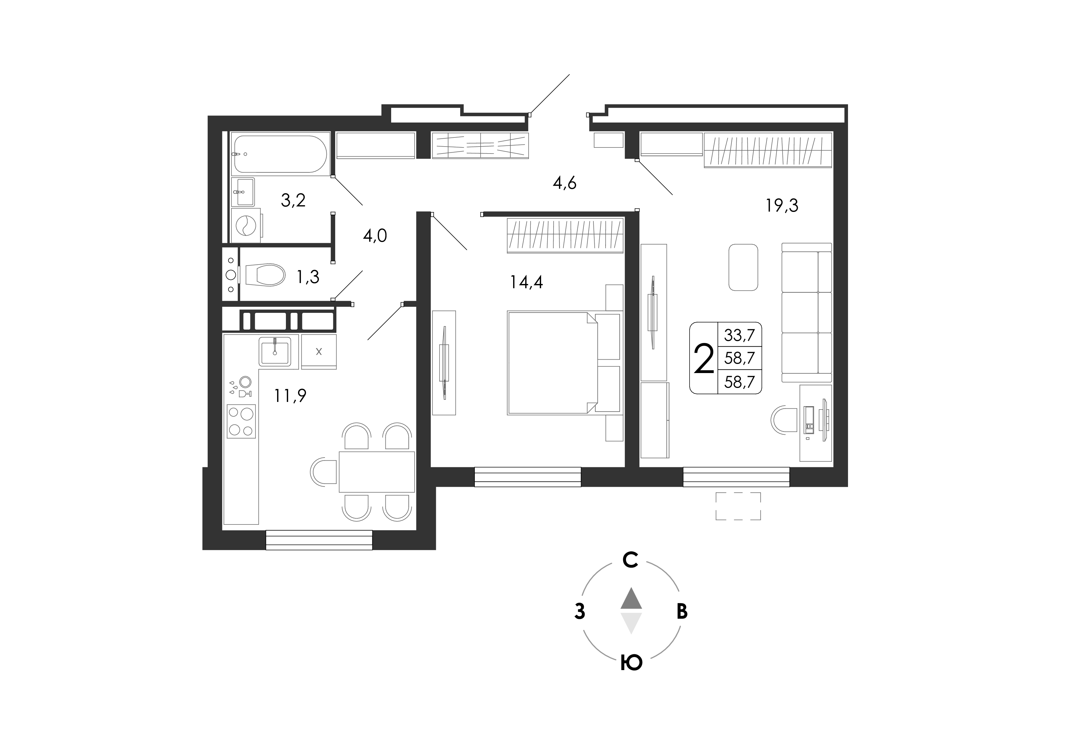 2-комнатная, 58.7 м2, город-парк «Яблоневые сады»