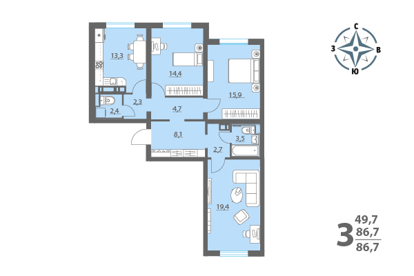 3-комнатная, 86.7 м², 1 этаж из 17, город-парк «Яблоневые сады»